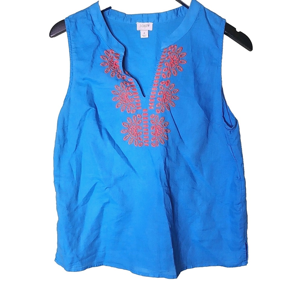 J Crew Linen Blend Top 4 Embroidered Coastal Preppy Resort Blue Coral Sleeveless
